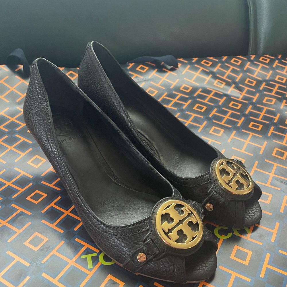 Tory Burch Leticia 65MM open toe wedge*Tumbled Leather NAVY SZ 6.5